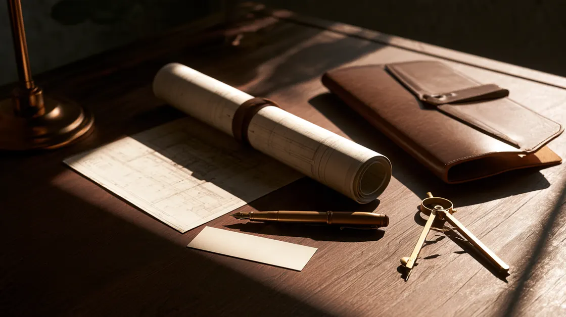 An engineer's desk under a lamp: rolled technical drawings, a leather document folder, a fountain pen and brass drafting dividers