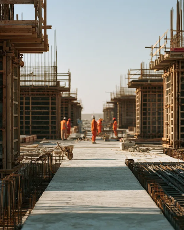 Steel reinforcement and formwork on a concrete construction site