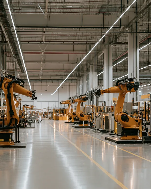 A clean factory floor with robotic assembly arms