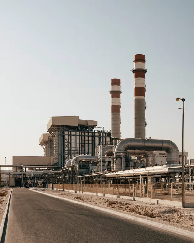 A gas-fired power station with its turbine hall and stacks