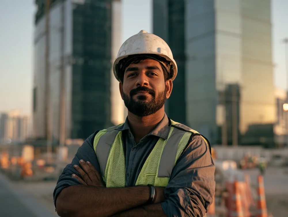 An engineer in a hard hat on a Doha construction site at golden hour