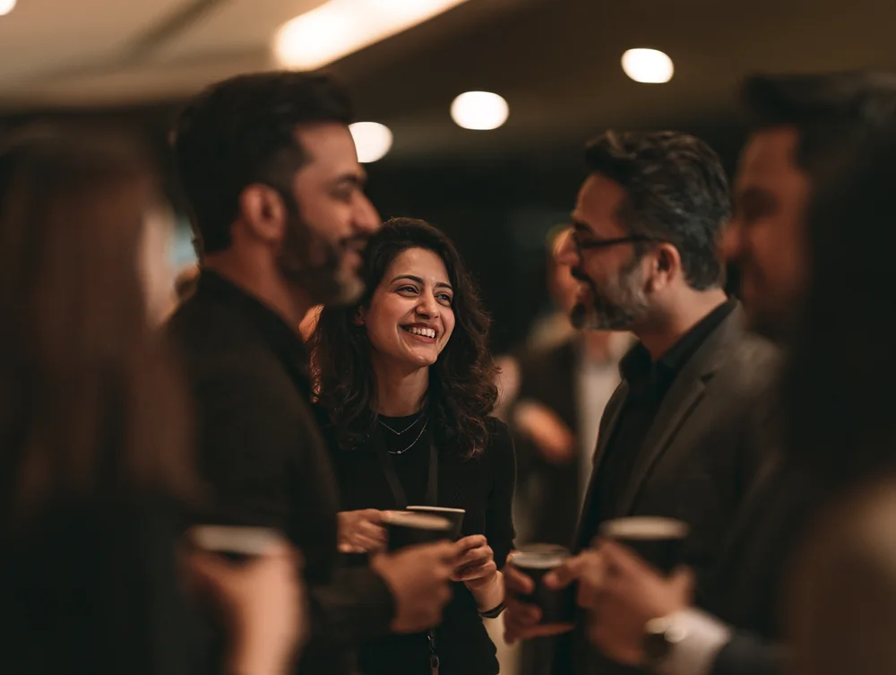 Members in conversation at an evening gathering